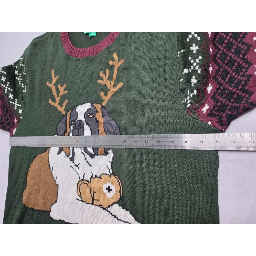 Ugly Christmas Sweater Men's XL Green Dog Saving The Party Tight Knit Cotton